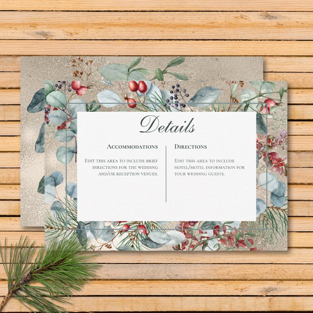Tarjeta De Recepción Navidades de invierno Greenery Gold Detalles Boda (Winter Christmas Greenery Gold Details Wedding Enclosure Card)