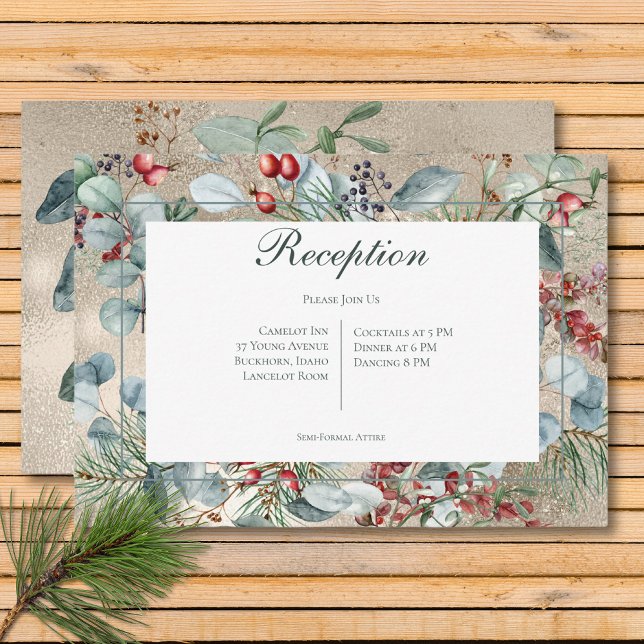 Tarjeta De Recepción Navidades de invierno Greenery Gold Receptor Boda (Winter Christmas Greenery Gold Reception Wedding Enclosure Card)