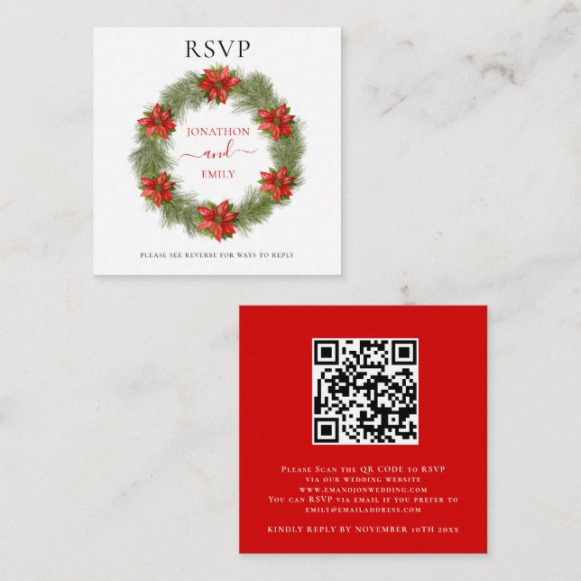 Tarjeta De Recepción Navidades de Poinsettia Boda Código QR RSVP (Anverso / Reverso)