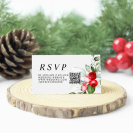 Tarjeta De Recepción Navidades Greenery & Red Berries Boda QR RSVP