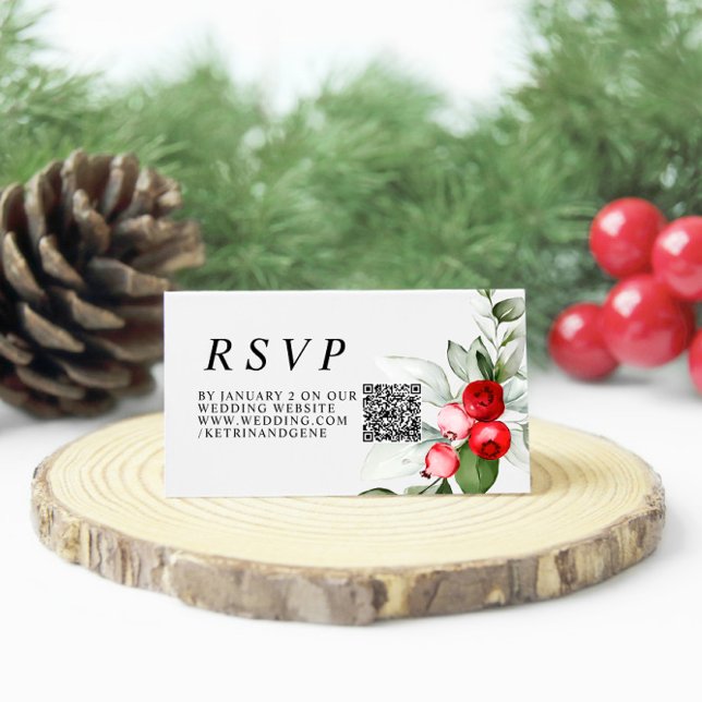 Tarjeta De Recepción Navidades Greenery & Red Berries Boda QR RSVP (Subido por el creador)