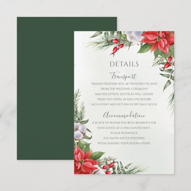 Tarjeta De Recepción Navidades Poinsettia Winter Greenery Boda (Anverso / Reverso)