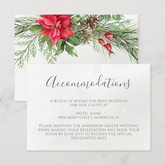 Tarjeta De Recepción Navidades Poinsettia Winter Greenery Boda (Anverso / Reverso)
