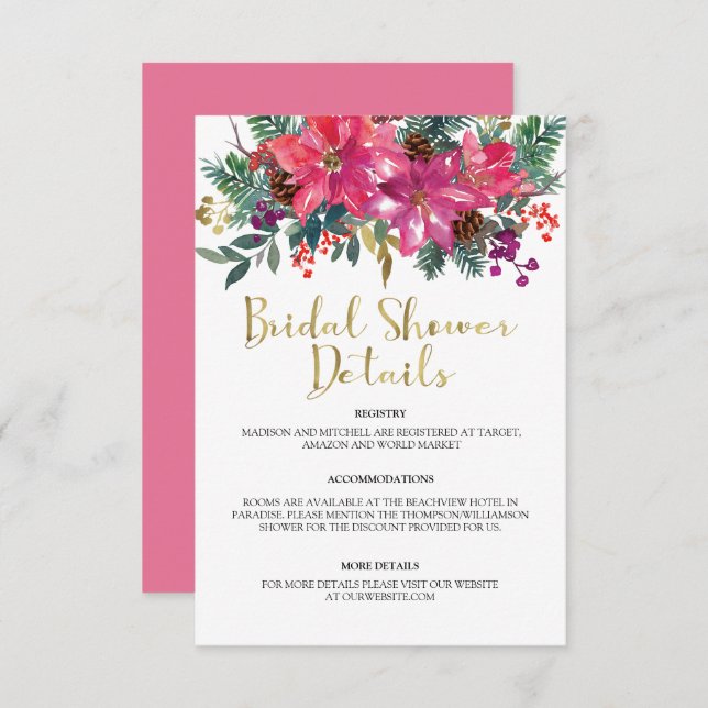 Tarjeta De Recepción Navidades rosados de Poinsettia (Anverso / Reverso)