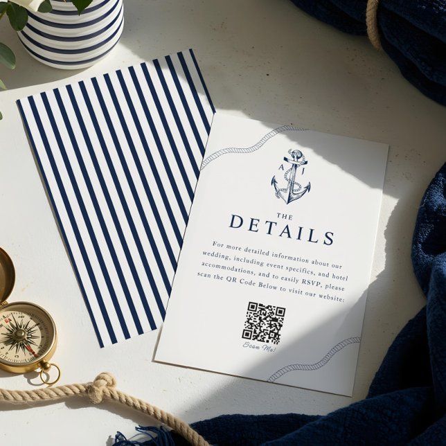 Tarjeta De Recepción Navío de monograma náutico y de ancla y blanco (Anchor & Rope Nautical Monogram Navy & White Enclosure Card)