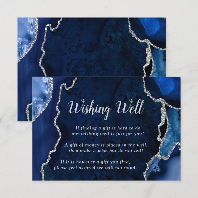 Tarjeta De Recepción Navy and Silver Agate Wedding Wishing Well (Anverso / Reverso)
