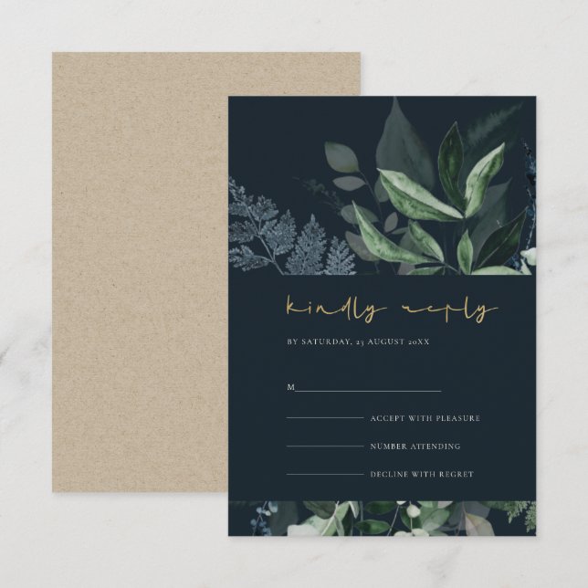 Tarjeta De Recepción Navy Black Green Leafy Foliage Wedding Rsvp (Anverso / Reverso)