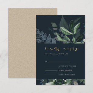 Tarjeta De Recepción Navy Black Green Leafy Foliage Wedding Rsvp