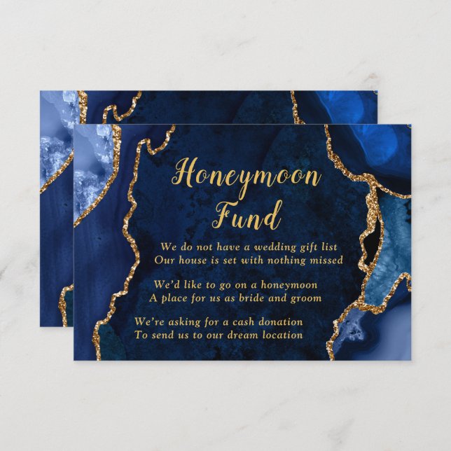 Tarjeta De Recepción Navy Blue and Gold Agate Honeymoon Fund (Anverso / Reverso)