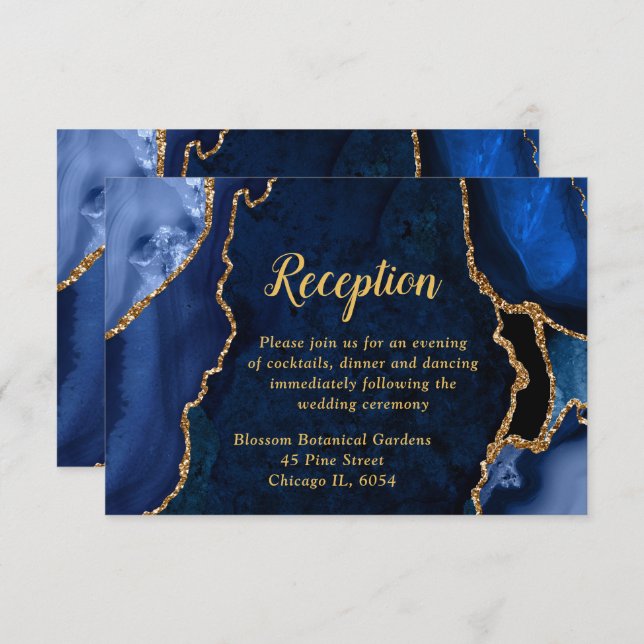 Tarjeta De Recepción Navy Blue and Gold Agate Wedding Reception (Anverso / Reverso)