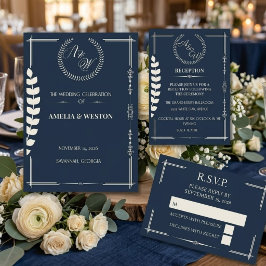 Tarjeta De Recepción Navy Blue and Ivory Elegant  Wedding Reception 