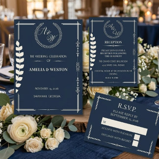 Tarjeta De Recepción Navy Blue and Ivory Elegant Wedding Reception