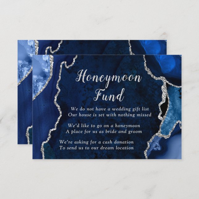 Tarjeta De Recepción Navy Blue and Silver Agate Honeymoon Fund (Anverso / Reverso)