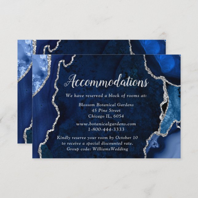 Tarjeta De Recepción Navy Blue and Silver Agate Wedding Accommodations (Anverso / Reverso)