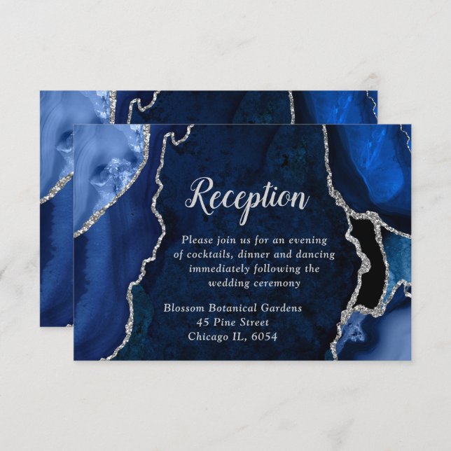 Tarjeta De Recepción Navy Blue and Silver Agate Wedding Reception (Anverso / Reverso)