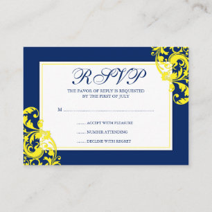 Tarjeta De Recepción Navy Blue and Yellow Flourils Swirls RSVP