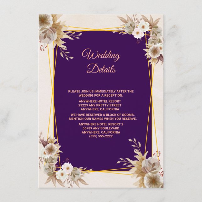 Tarjeta De Recepción Navy Blue Burgundy Gold BlushWedding (Anverso)