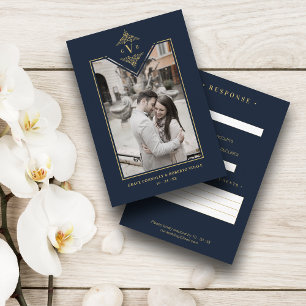 Tarjeta De Recepción Navy Blue Chic Fake Gold Wedding Initials Flourish