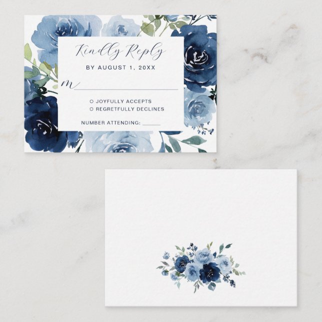 Tarjeta De Recepción Navy Blue Dusty Blue Elegant Floral Wedding RSVP (Anverso / Reverso)