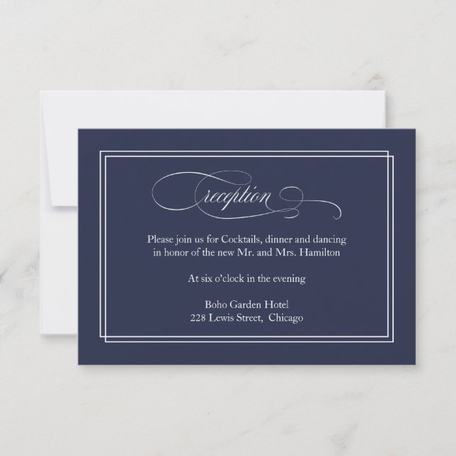 Tarjeta de recepción Navy Blue Elegant Wedding (Anverso)
