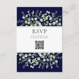 Tarjeta De Recepción Navy Blue Eucalyptus QR Boda de código RSVP