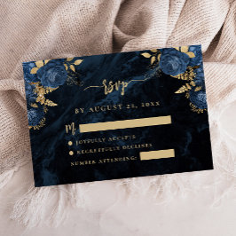 Tarjeta De Recepción Navy Blue Floral Pale Gold Script Wedding RSVP