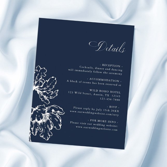 Tarjeta De Recepción Navy Blue French Floral Wedding Details  (Subido por el creador)