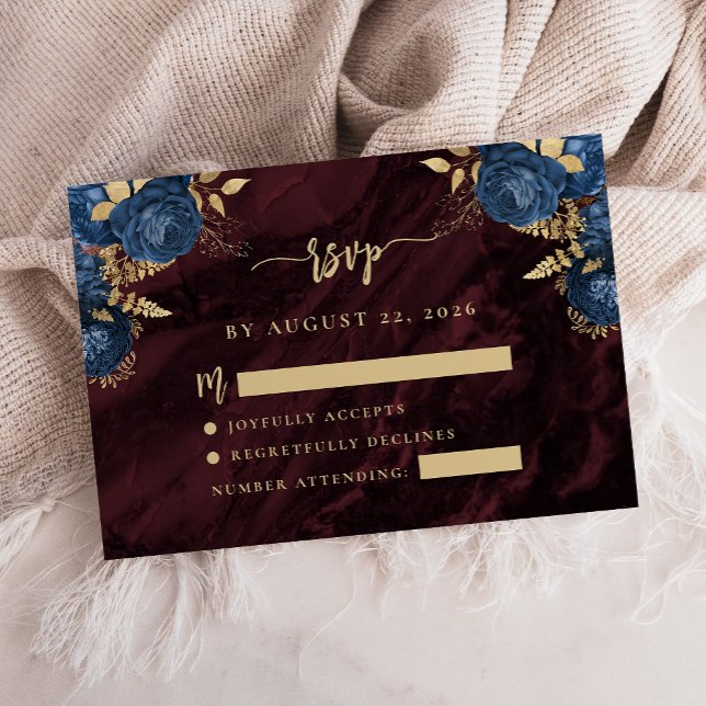 Tarjeta De Recepción Navy Blue Gold Floral Burgundy Script Wedding RSVP (Subido por el creador)