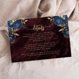 Tarjeta De Recepción Navy Blue Gold Floral Burgundy Wedding Details