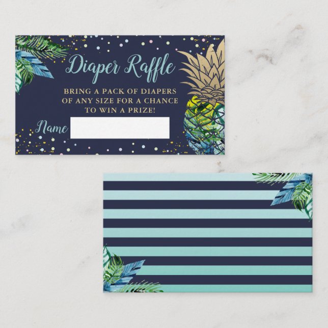 Tarjeta De Recepción Navy Blue Gold Pineapple Baby Shower Diaper Raffle (Anverso / Reverso)