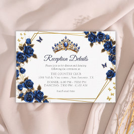 Tarjeta De Recepción Navy Blue Golden Tiara Roses Butterfly Quinceañera