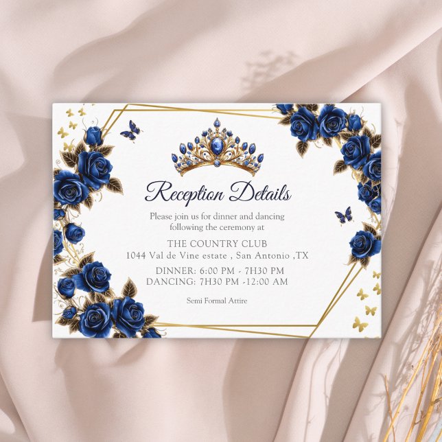 Tarjeta De Recepción Navy Blue Golden Tiara Roses Butterfly Quinceañera (Subido por el creador)