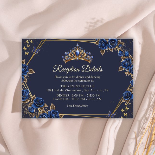 Tarjeta De Recepción Navy Blue Golden Tiara Roses  Quinceañera (Subido por el creador)