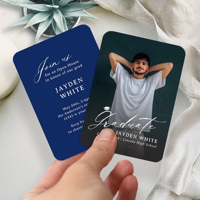 Tarjeta De Recepción Navy Blue Mini Modern Script Photo Graduation (Navy Blue Mini Modern Script Photo Graduation Enclosure Card)
