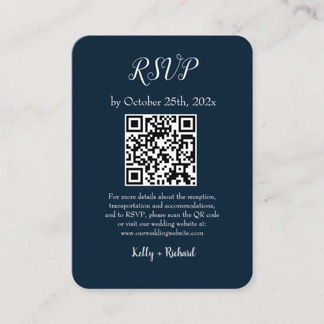 Tarjeta De Recepción Navy Blue Pequeña Boda Vertical RSVP Código QR (Anverso)