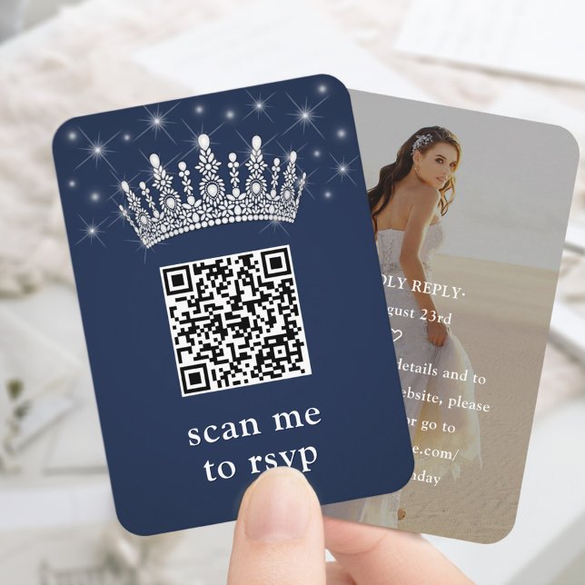 Tarjeta De Recepción Navy Blue Quinceañera Crown & Stars QR RSVP Photo (Subido por el creador)