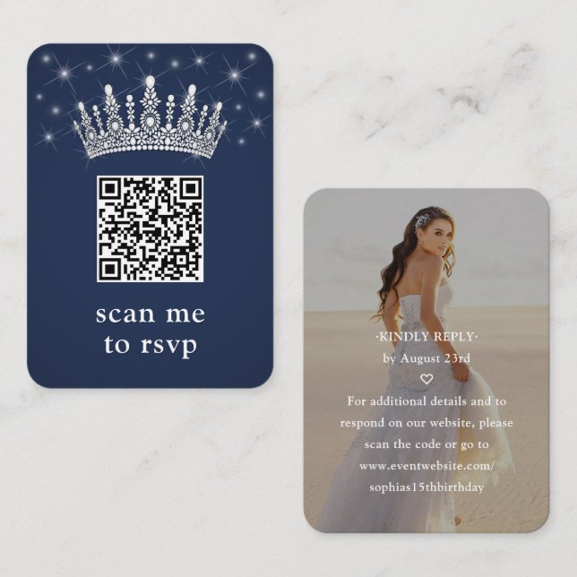 Tarjeta De Recepción Navy Blue Quinceañera Crown & Stars QR RSVP Photo (Anverso / Reverso)