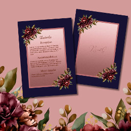 Tarjeta De Recepción Navy Blue Rose Gold Script Burgundy floral wedding