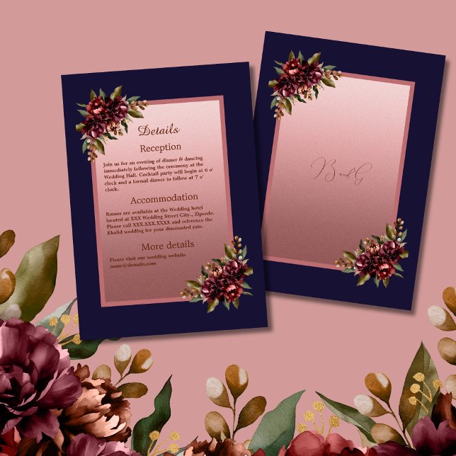 Tarjeta De Recepción Navy Blue Rose Gold Script Burgundy floral wedding (Subido por el creador)