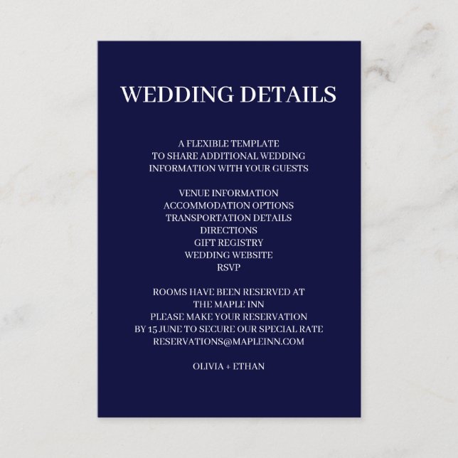 Tarjeta De Recepción Navy Blue Scandinavian Minimal Wedding Design (Anverso)
