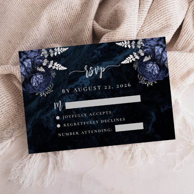 Tarjeta De Recepción Navy Blue Silver Floral Agate Script Wedding RSVP (Subido por el creador)