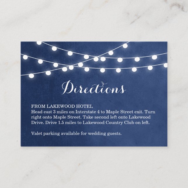 Tarjeta De Recepción Navy Blue String Lights Bodas Direcciones Insertar (Anverso)