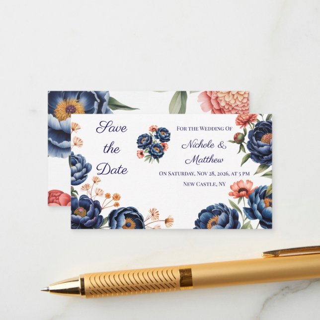 Tarjeta De Recepción Navy & Burnt Orange Floral Save the Date (Anverso/Reverso In Situ)
