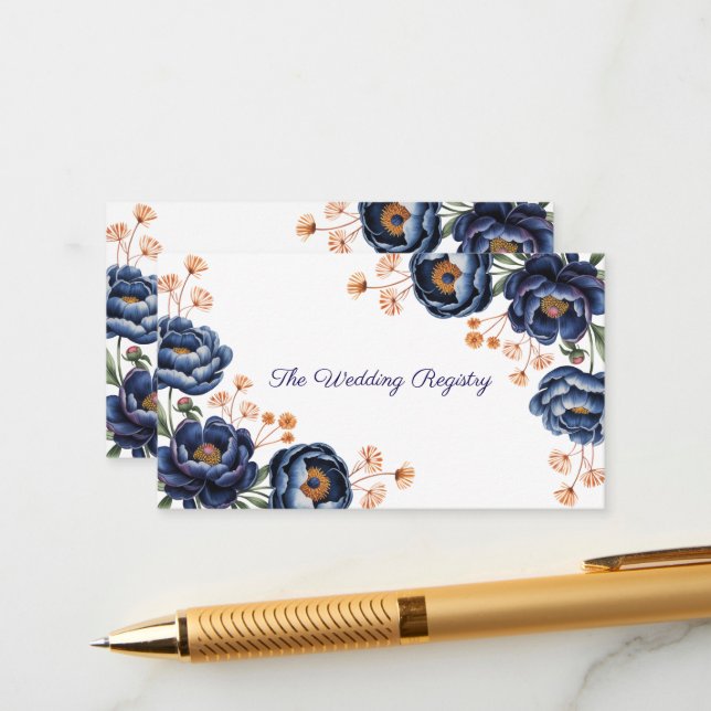 Tarjeta De Recepción Navy & Burnt Orange Floral Wedding Registry (Anverso/Reverso In Situ)