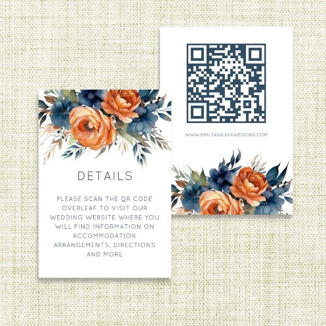 Tarjeta De Recepción Navy Burnt Orange Florals Wedding Details (front and back view)