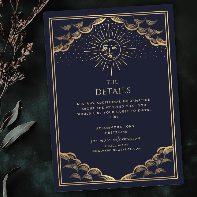 Tarjeta De Recepción Navy Gold Sun and Moon Tarot Wedding Details (Subido por el creador)