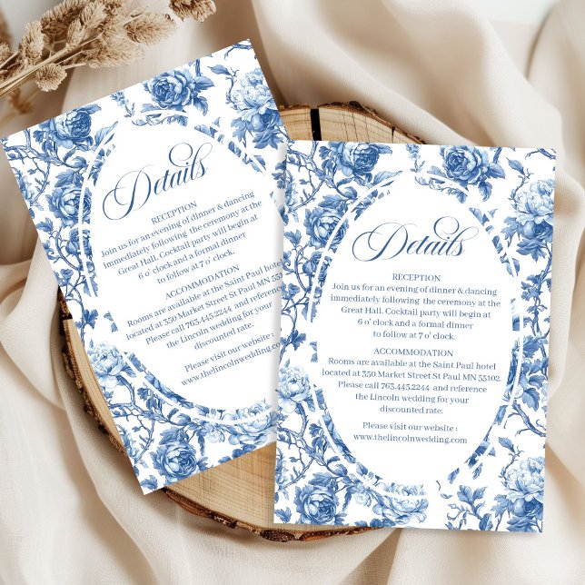 Tarjeta De Recepción Navy Roses Wedding Floral Elegant Details Card (French toile de jouy roses,
Luxurious navy flowers wedding inforamtion,
dusty Blue flowers botanical)