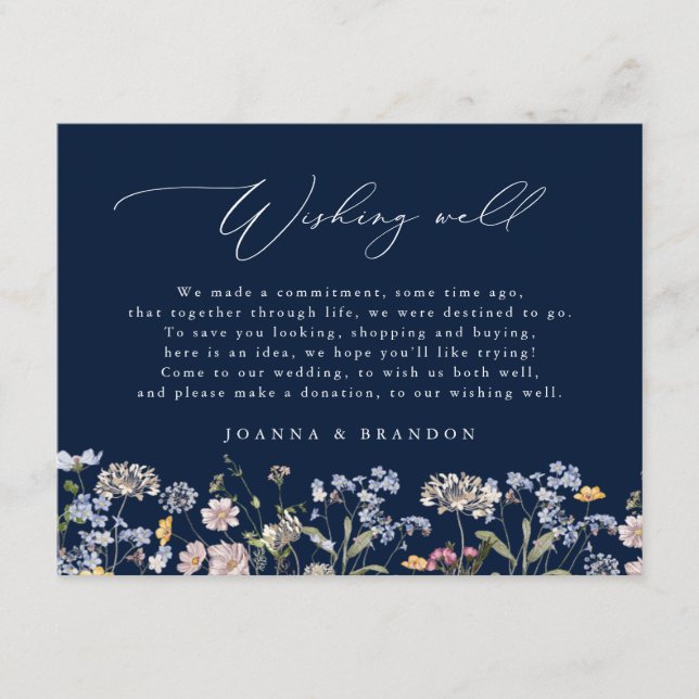 Tarjeta De Recepción Navy Wildflower Meadow Garden Boho Desear bien (Anverso)