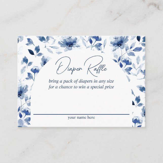 Tarjeta De Recepción Navy y Dusty Blue Boy Floral Diaper Raffle (Anverso)