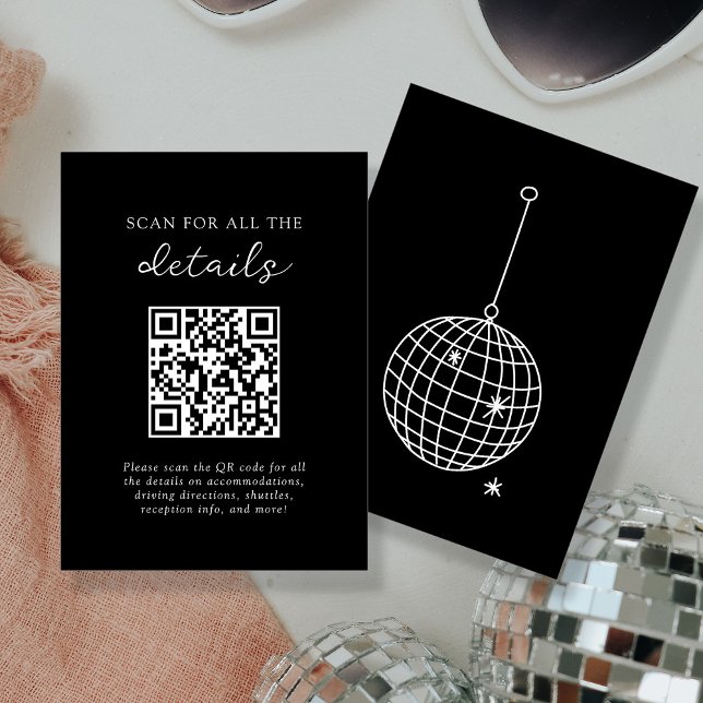 Tarjeta De Recepción Negra | Disco Ball Boda Detalles del código QR (Subido por el creador)